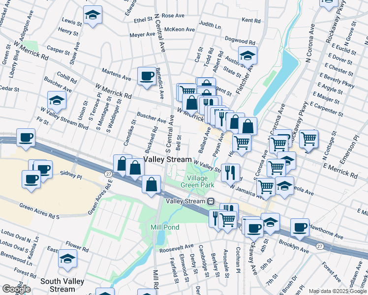 map of restaurants, bars, coffee shops, grocery stores, and more near 10 Hamilton Place in Valley Stream