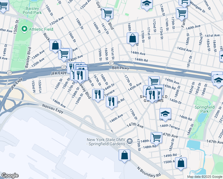 map of restaurants, bars, coffee shops, grocery stores, and more near 168-03 144th Terrace in Queens
