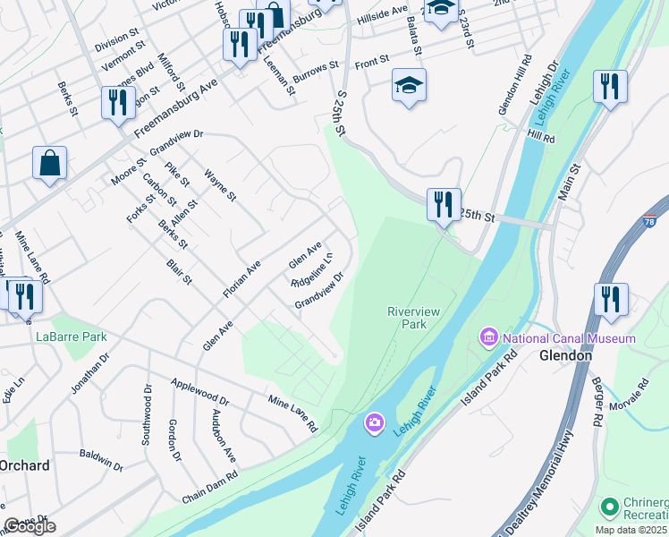 map of restaurants, bars, coffee shops, grocery stores, and more near 128 Grandview Drive in Easton
