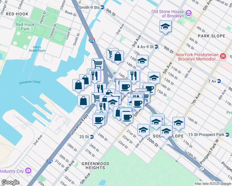 map of restaurants, bars, coffee shops, grocery stores, and more near 145 18th Street in Brooklyn