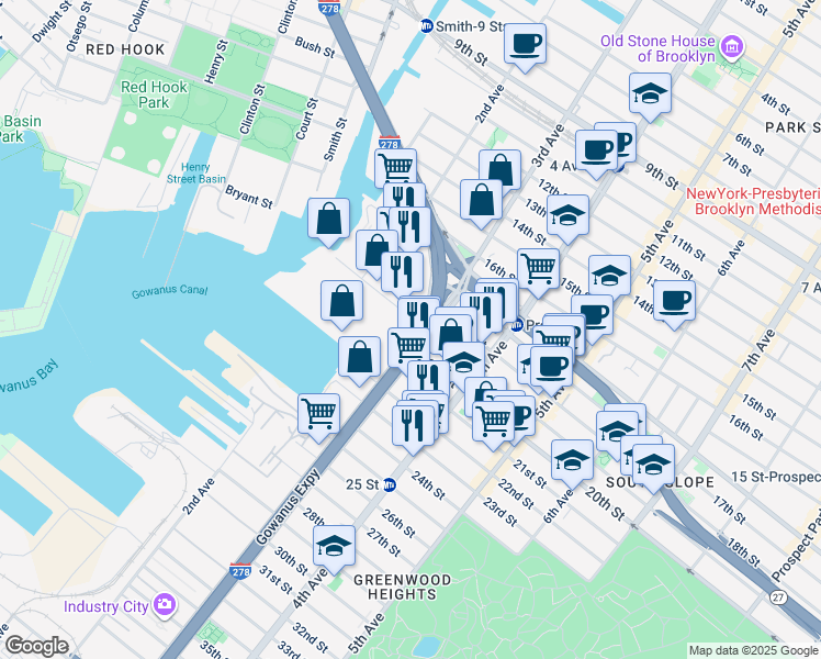 map of restaurants, bars, coffee shops, grocery stores, and more near 654 3rd Avenue in Brooklyn
