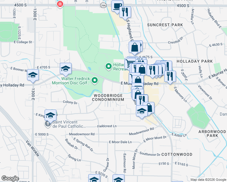 map of restaurants, bars, coffee shops, grocery stores, and more near Holladay Pines Court in Holladay