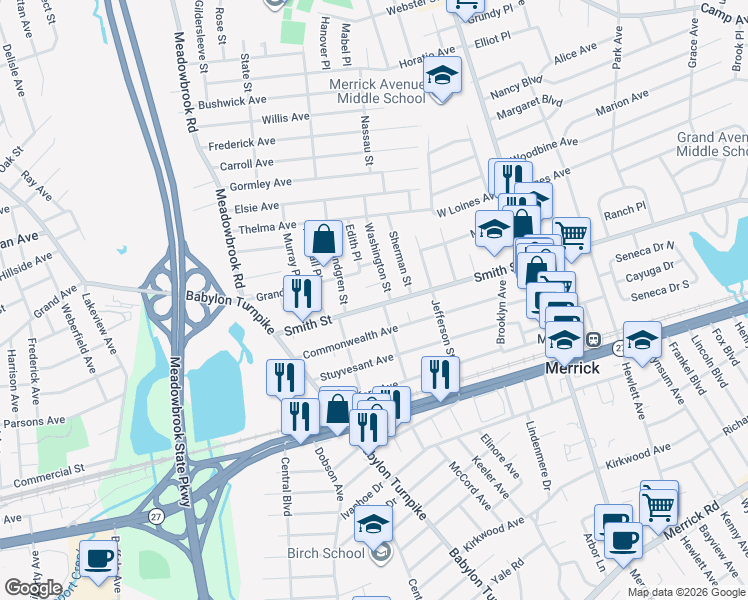 map of restaurants, bars, coffee shops, grocery stores, and more near 152 Smith Street in Merrick