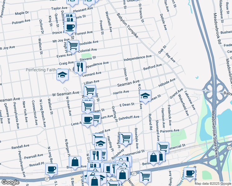 map of restaurants, bars, coffee shops, grocery stores, and more near Harris Avenue in Freeport