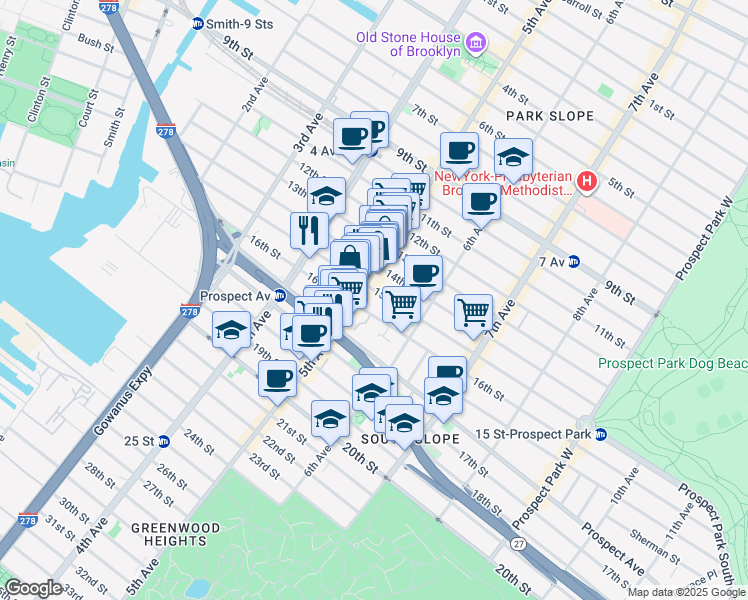 map of restaurants, bars, coffee shops, grocery stores, and more near 240 15th Street in Brooklyn