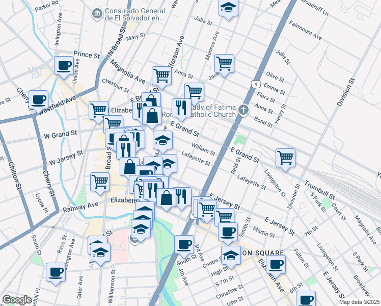 map of restaurants, bars, coffee shops, grocery stores, and more near 1043 Lafayette Street in Elizabeth