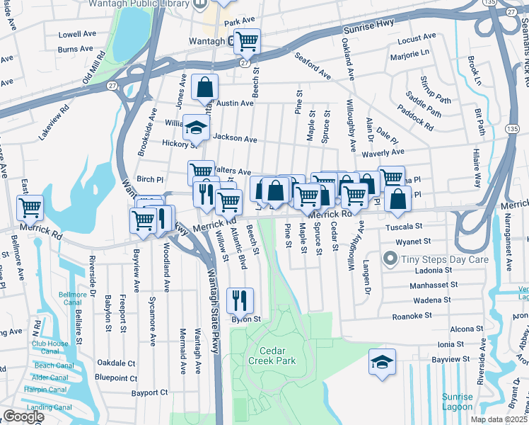 map of restaurants, bars, coffee shops, grocery stores, and more near 3333 Merrick Road in Wantagh