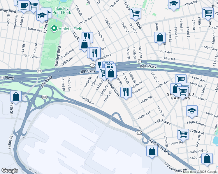 map of restaurants, bars, coffee shops, grocery stores, and more near 144-15 158th Street in Queens