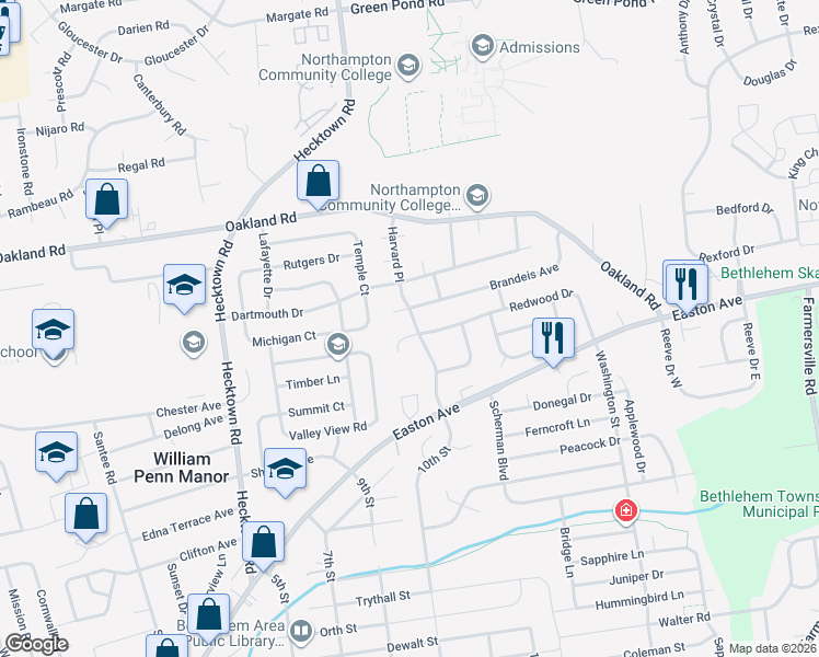 map of restaurants, bars, coffee shops, grocery stores, and more near 3789 Redwood Court in Bethlehem