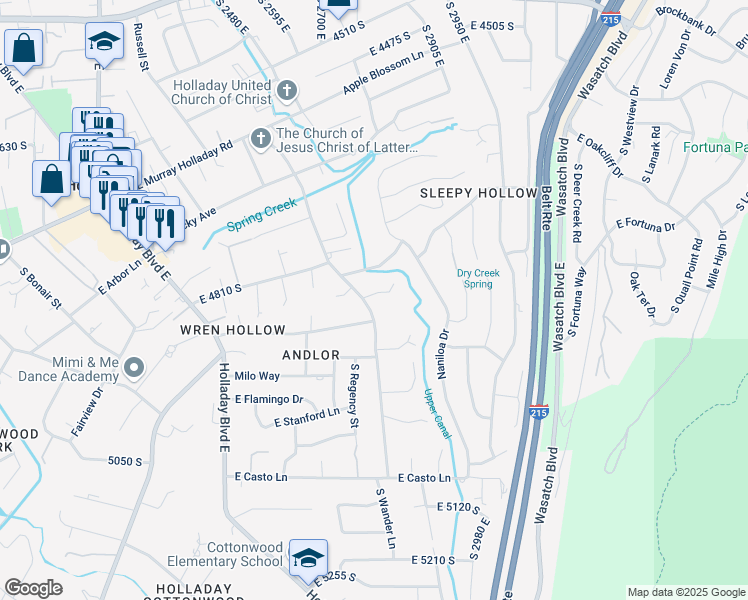 map of restaurants, bars, coffee shops, grocery stores, and more near 2792 East Wander Circle in Salt Lake City