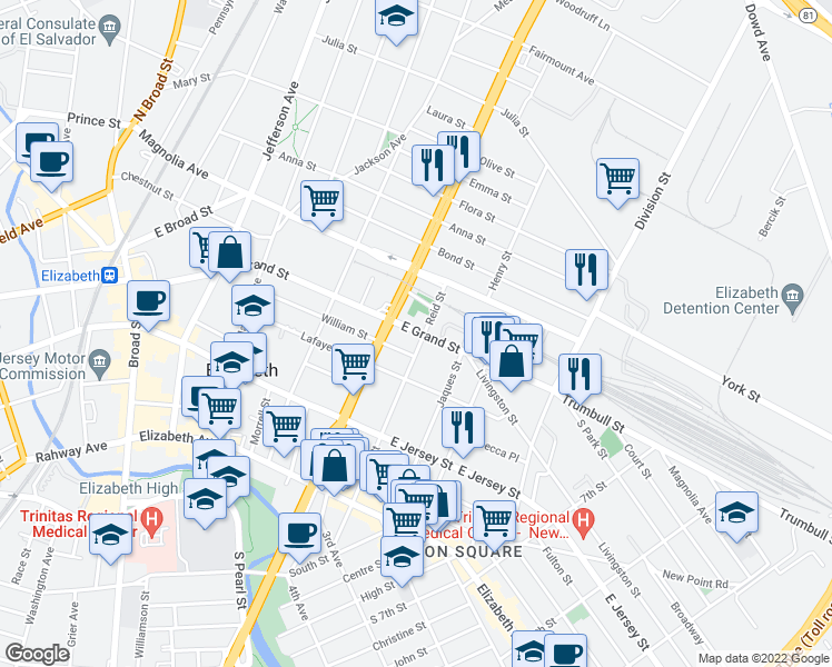 map of restaurants, bars, coffee shops, grocery stores, and more near 954 East Grand Street in Elizabeth
