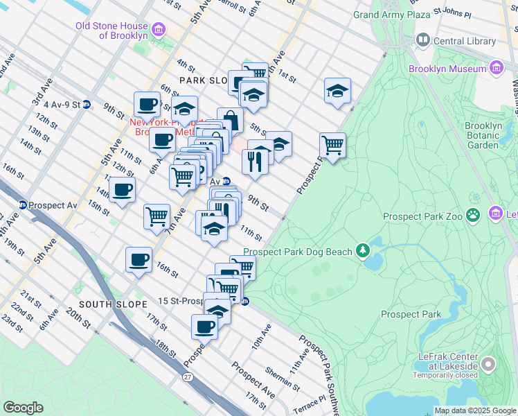 map of restaurants, bars, coffee shops, grocery stores, and more near 544 9th Street in Brooklyn