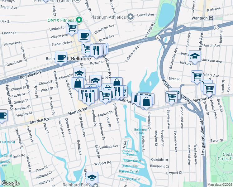 map of restaurants, bars, coffee shops, grocery stores, and more near 2807 Merrick Road in Bellmore