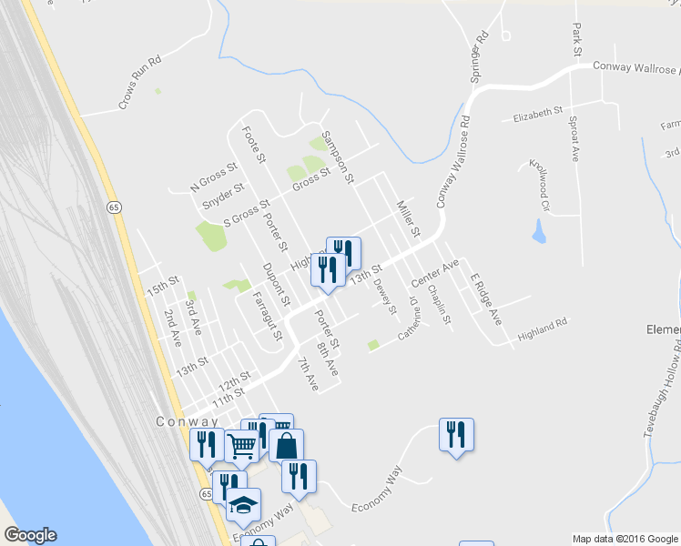 map of restaurants, bars, coffee shops, grocery stores, and more near 1312 Schley Street in Conway