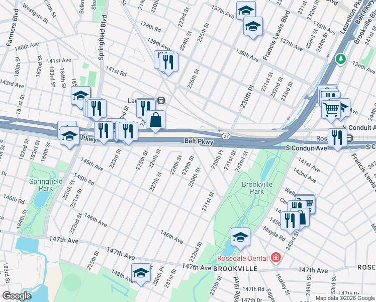 map of restaurants, bars, coffee shops, grocery stores, and more near 22814 North Conduit Avenue in Queens