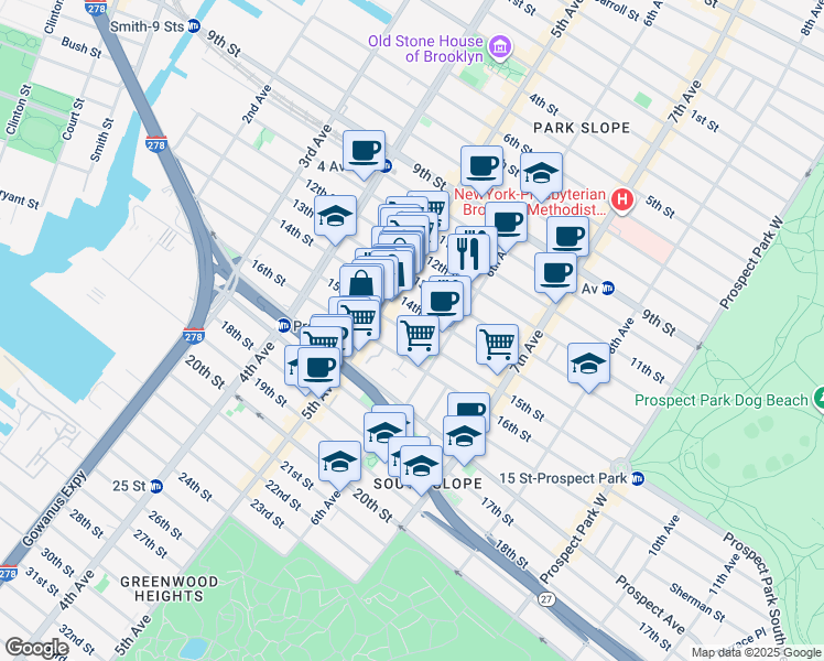 map of restaurants, bars, coffee shops, grocery stores, and more near 247 15th Street in Brooklyn