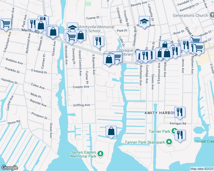 map of restaurants, bars, coffee shops, grocery stores, and more near 142 Harbor South in Amityville