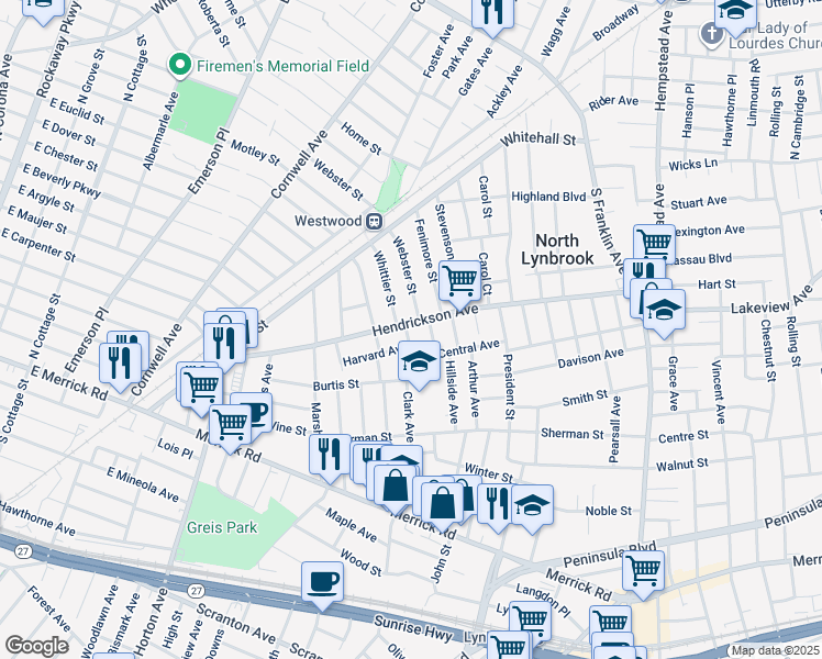 map of restaurants, bars, coffee shops, grocery stores, and more near 190 Hendrickson Avenue in Lynbrook