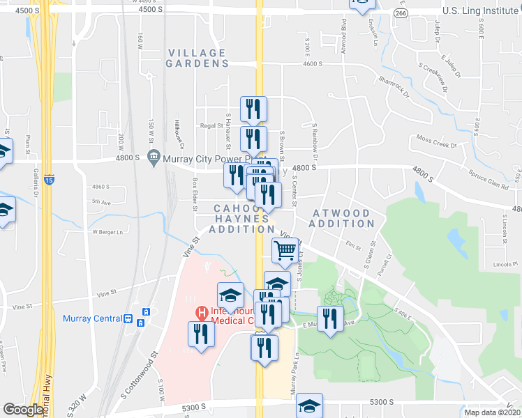 map of restaurants, bars, coffee shops, grocery stores, and more near 5181 South State Street in Murray