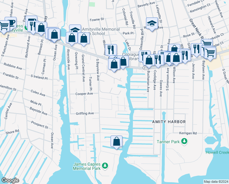 map of restaurants, bars, coffee shops, grocery stores, and more near 142 Harbor South in Amityville