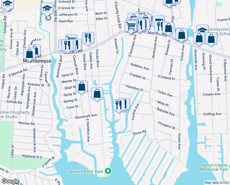 map of restaurants, bars, coffee shops, grocery stores, and more near 193 South Ketcham Avenue in Amityville