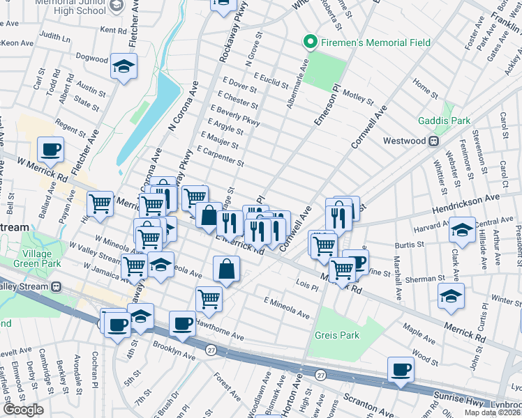 map of restaurants, bars, coffee shops, grocery stores, and more near 135 East Oxford Street in Valley Stream