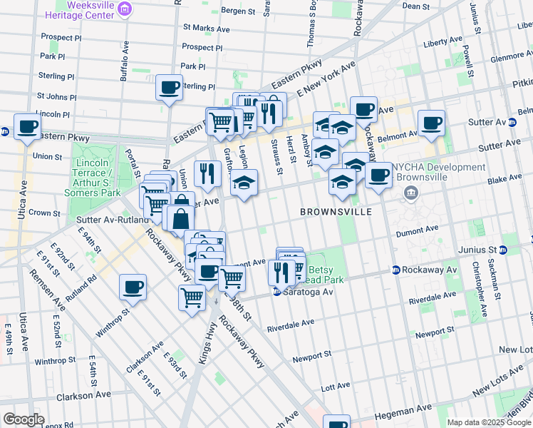 map of restaurants, bars, coffee shops, grocery stores, and more near 159 Legion Street in Brooklyn