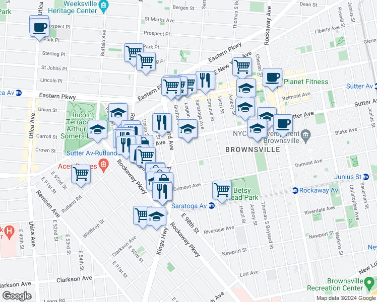 map of restaurants, bars, coffee shops, grocery stores, and more near 134 Grafton Street in Brooklyn
