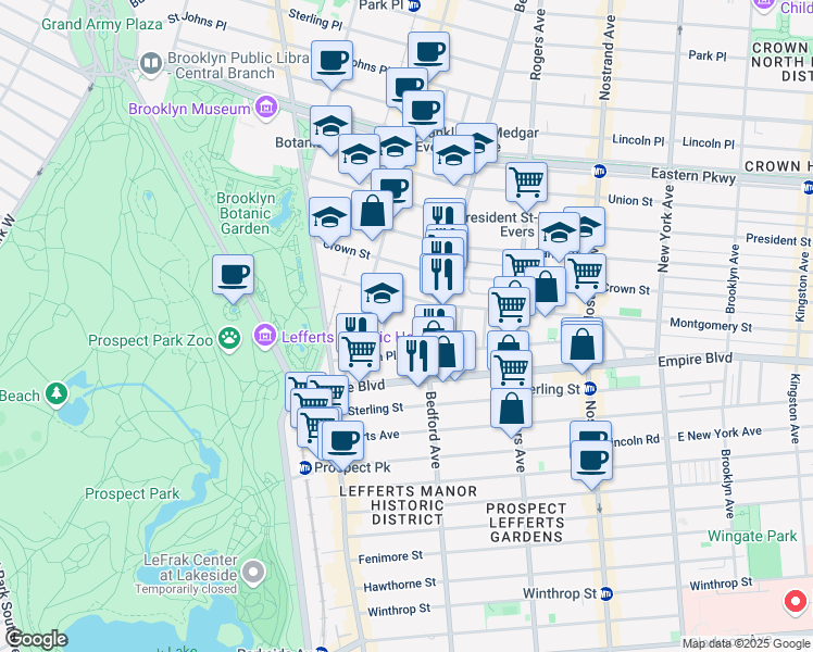map of restaurants, bars, coffee shops, grocery stores, and more near 1680 Bedford Avenue in Brooklyn