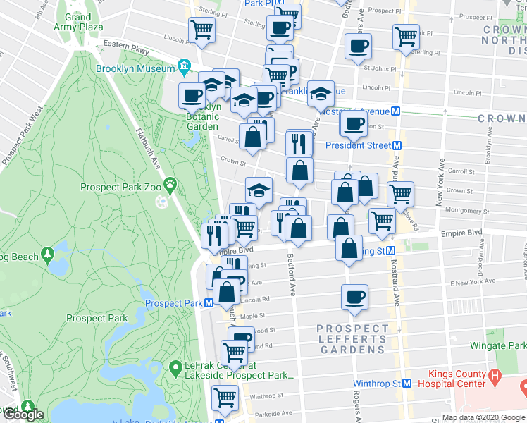 map of restaurants, bars, coffee shops, grocery stores, and more near 47 McKeever Place in Brooklyn