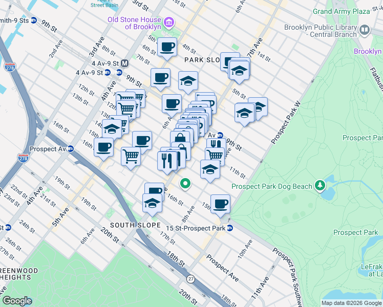 map of restaurants, bars, coffee shops, grocery stores, and more near 389 7th Avenue in Brooklyn