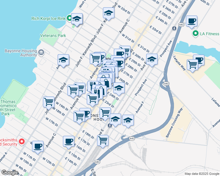 map of restaurants, bars, coffee shops, grocery stores, and more near 16 East 25th Street in Bayonne