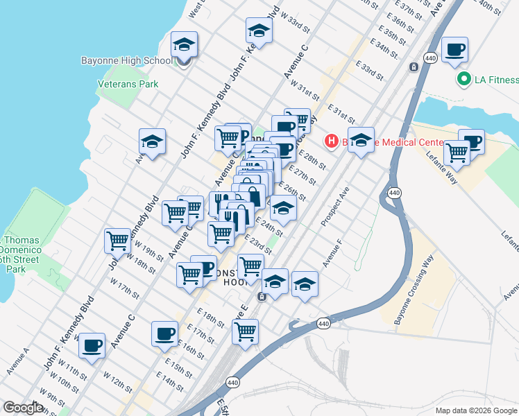 map of restaurants, bars, coffee shops, grocery stores, and more near 16 East 25th Street in Bayonne
