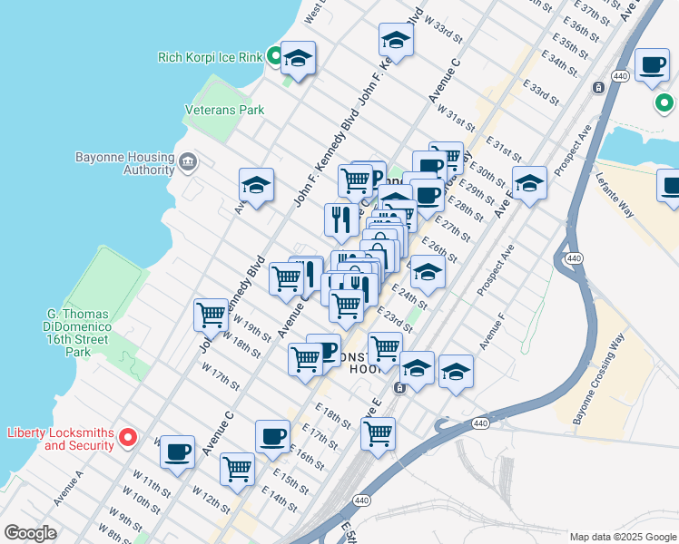 map of restaurants, bars, coffee shops, grocery stores, and more near 43 West 24th Street in Bayonne