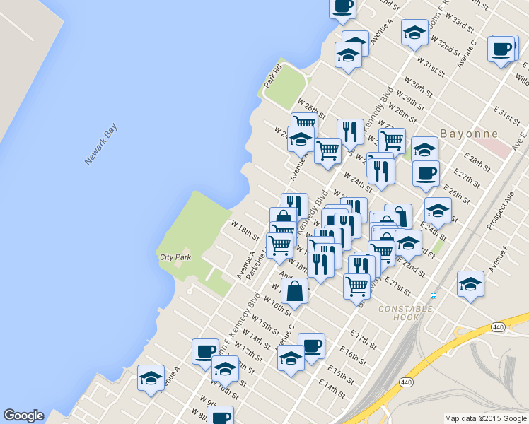 map of restaurants, bars, coffee shops, grocery stores, and more near 155 West 19th Street in Bayonne