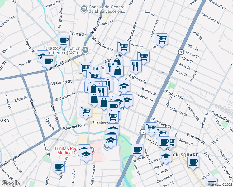 map of restaurants, bars, coffee shops, grocery stores, and more near 120 Madison Avenue in Elizabeth