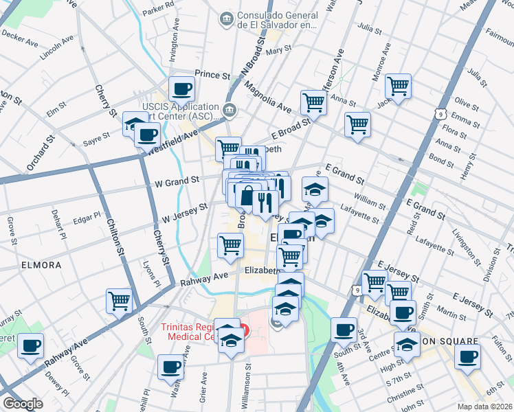 map of restaurants, bars, coffee shops, grocery stores, and more near 1162 East Jersey Street in Elizabeth