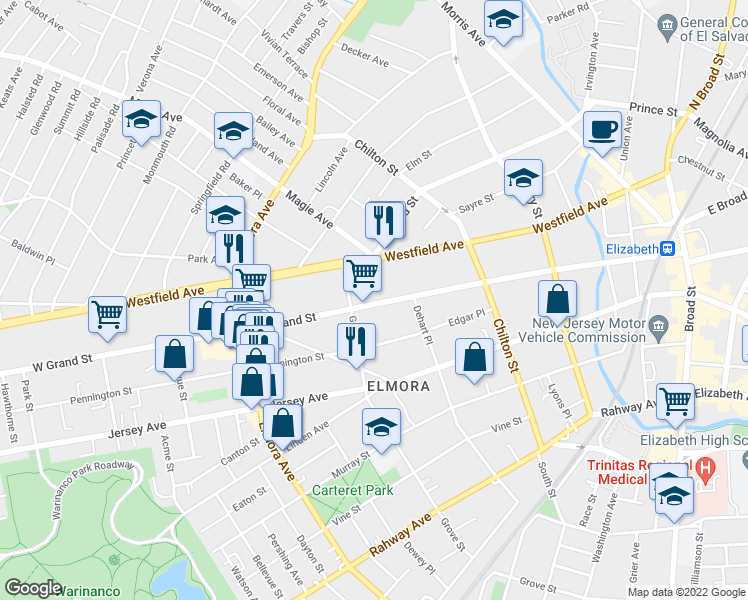 map of restaurants, bars, coffee shops, grocery stores, and more near 345 West Grand Street in Roselle