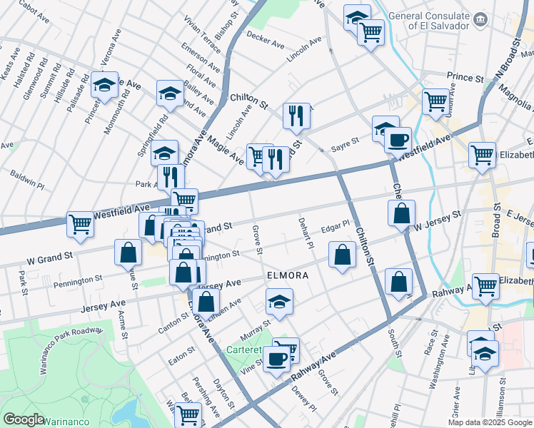 map of restaurants, bars, coffee shops, grocery stores, and more near 345 West Grand Street in Roselle
