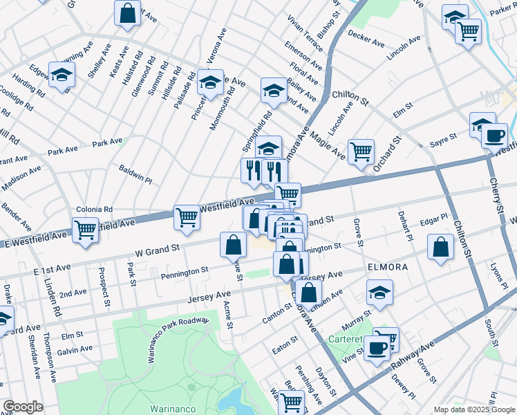 map of restaurants, bars, coffee shops, grocery stores, and more near 618-630 Westfield Avenue in Elizabeth