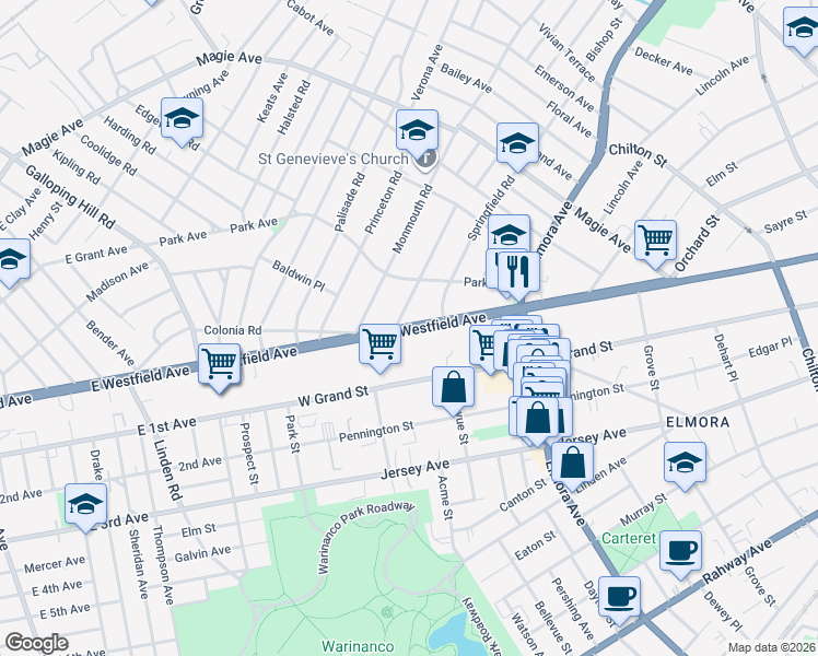 map of restaurants, bars, coffee shops, grocery stores, and more near 710 Westfield Avenue in Elizabeth