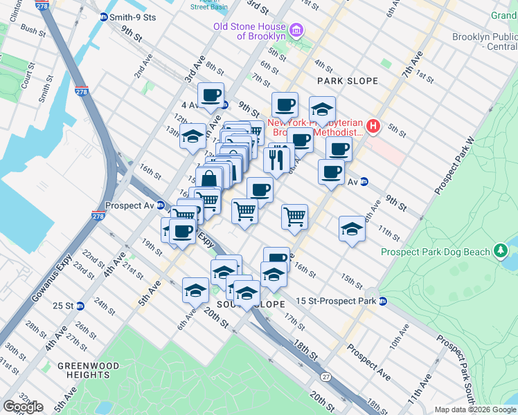 map of restaurants, bars, coffee shops, grocery stores, and more near 310 14th Street in Brooklyn