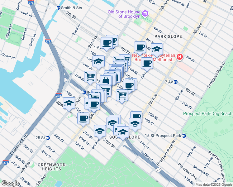 map of restaurants, bars, coffee shops, grocery stores, and more near 240 15th Street in Brooklyn