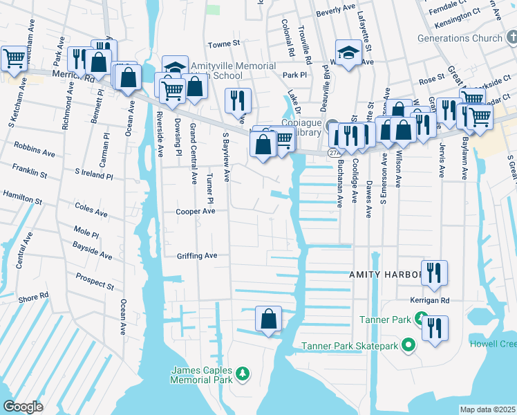 map of restaurants, bars, coffee shops, grocery stores, and more near 142 Harbor S in Amityville