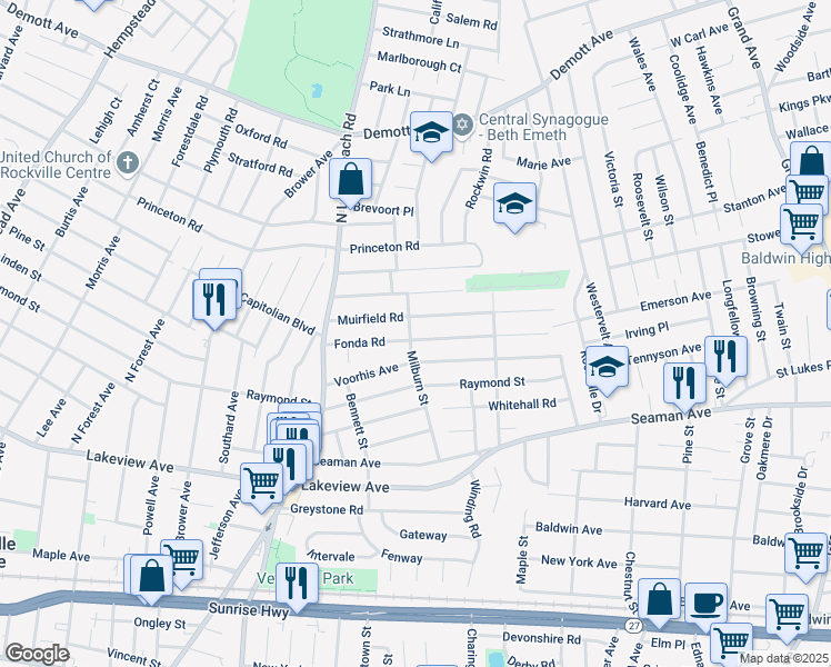 map of restaurants, bars, coffee shops, grocery stores, and more near 109 Milburn Street in Rockville Centre