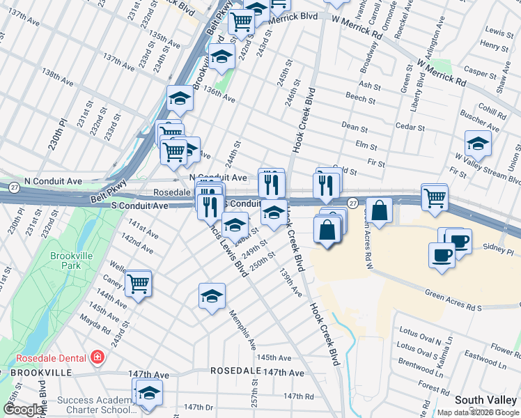 map of restaurants, bars, coffee shops, grocery stores, and more near 138-27 247th Street in Queens
