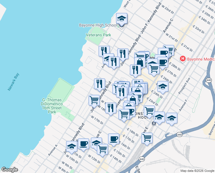 map of restaurants, bars, coffee shops, grocery stores, and more near 549 John F. Kennedy Boulevard in Bayonne