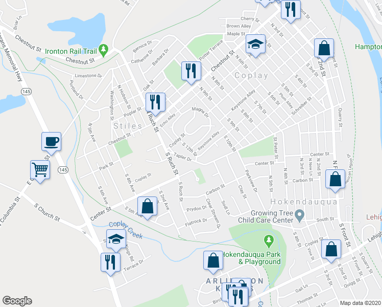 map of restaurants, bars, coffee shops, grocery stores, and more near 28 South 12th Street in Coplay