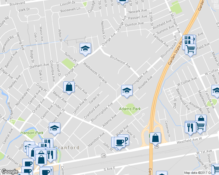 map of restaurants, bars, coffee shops, grocery stores, and more near 42 Wadsworth Terrace in Cranford