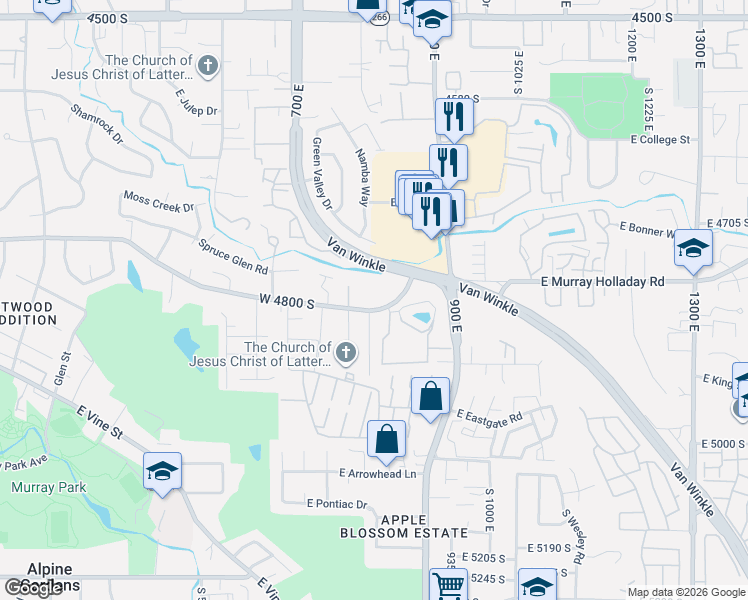 map of restaurants, bars, coffee shops, grocery stores, and more near 848 East Maplehurst Drive in Murray